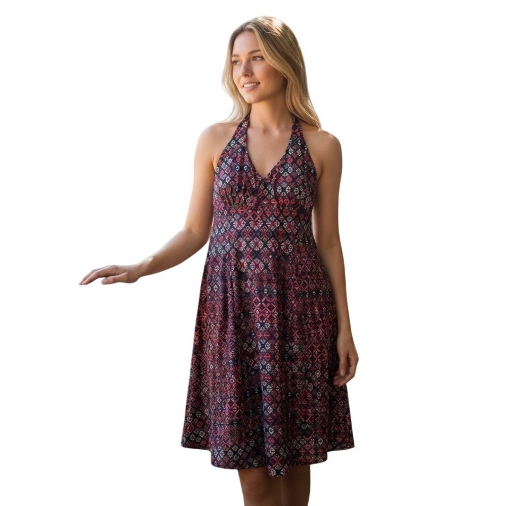 Krimson Klover Women Small Geometric Diamond Halter Smocked‎ Back A-Line Dress